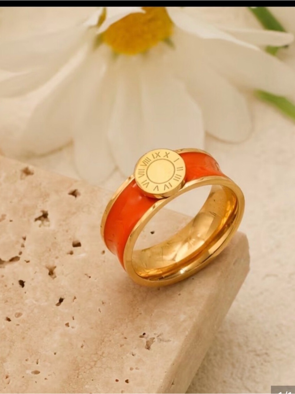 New preppy Orange and Gold Roman dial medallion ring 7 or 8